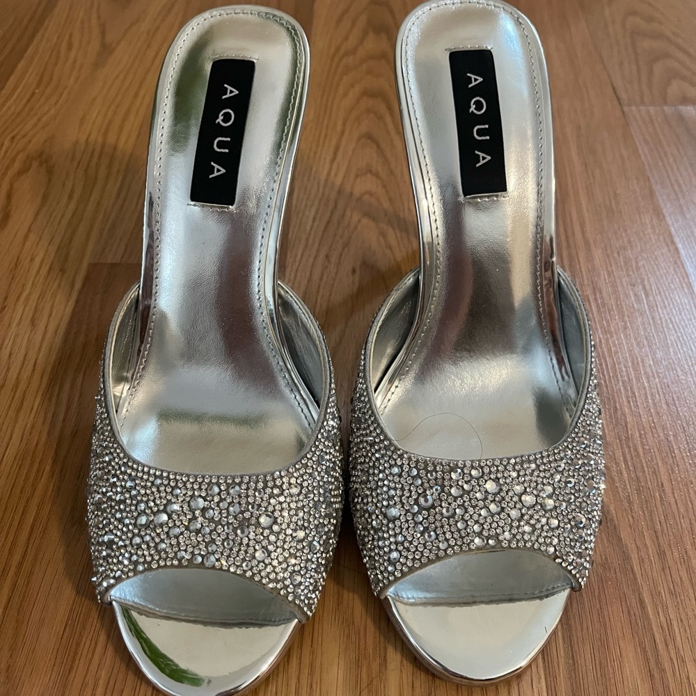 Aqua Metallic Crystal-Studded Mules